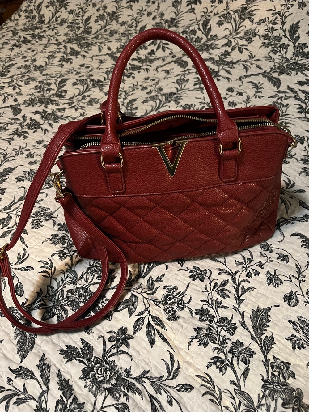 Structured Quilted Satchel in Deep Red with V Accent